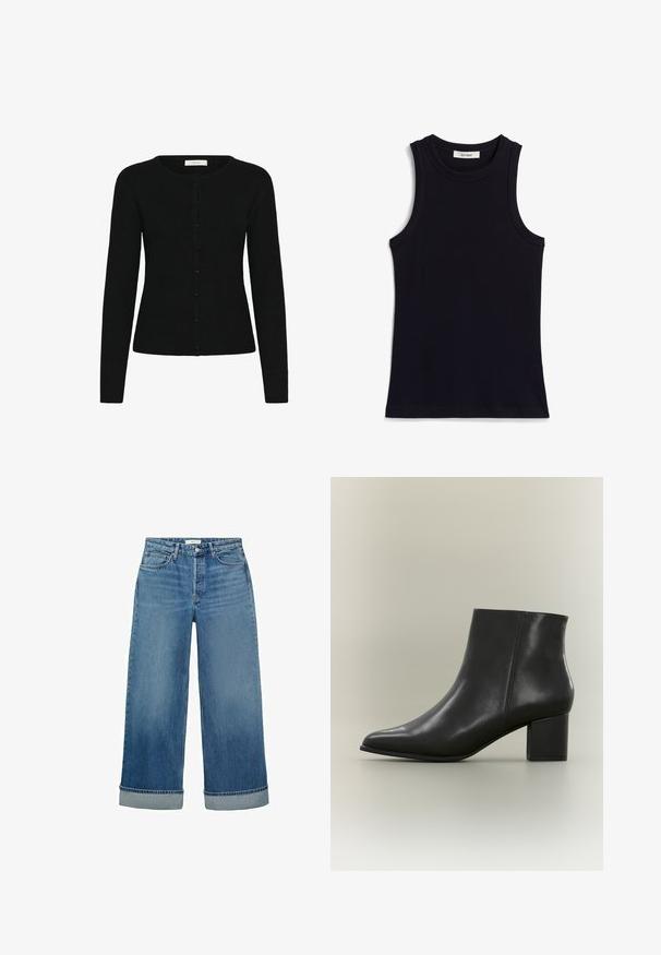 Sort rippet cardigan med rund halsudskæring, lange ærmer og knaplukning foran. Stoffet har en glat tekstur og tætsiddende design.; Sort ærmeløs top med ribbet tekstur, rund halsudskæring og regulær pasform. Mærket viser "IVY OAK." Ingen yderligere mønstre eller accenter.; Bredde ben blå denim jeans med mellem vask og oprullede manchetter. Har klassisk fem-lomme stil og knaplukning.; Sorte læder ankelstøvler med spidse tæer, glat tekstur og en kraftig firkantet hæl. Enkelt design uden synlige detaljer eller mønstre.