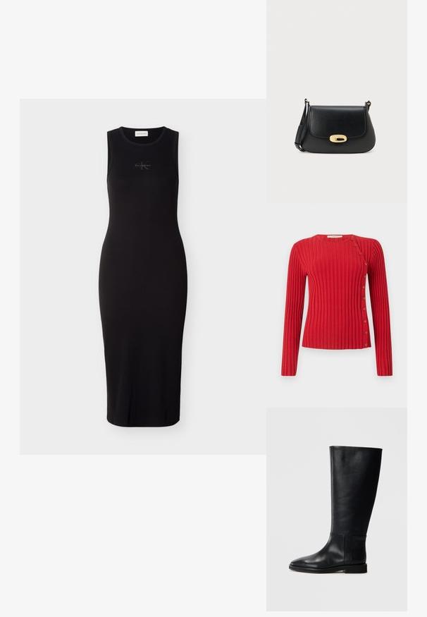 Rød ribbet langærmet sweater med skrå knapdetalje fra skulder til kant på lys ensfarvet baggrund.; Sort ærmeløs midikjole lavet af ribbet stof; har en rund halsudskæring og en diskret logo på brystet.; Sorte læderknæhigh støvler med rund tå, glat tekstur, minimalistisk design og flad sål. Enkle sømdetaljer på skaftet.; Sort læder crossbody taske med klapdesign, guld oval lås og justerbar rem. Glat tekstur og minimalistisk stil.