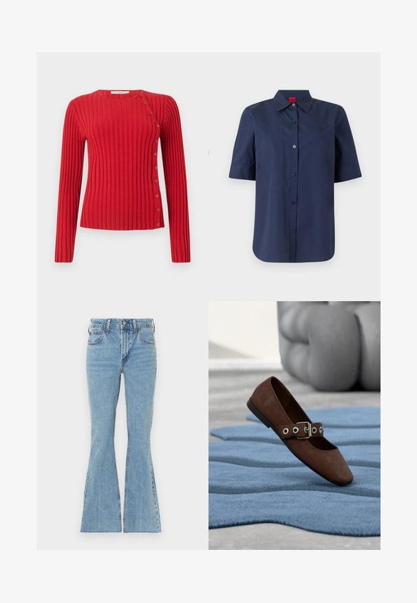 Rød ribbet langærmet sweater med skrå knapdetalje fra skulder til kant på lys ensfarvet baggrund.; Marineblå kortærmet skjorte med knapper og krave samt rød mærkat indeni kraven. Ensfarvet front med diskret broderet logo på brystet.; Lyseblå denim flare jeans med høj talje, der har lukning med knapper foran, fem lommer og diskrete slidmærker på lårene.; Brun ruskind flad sko med spænde-rem, der hviler på tekstureret blåt tæppe med gråt polstret møbel i baggrunden.