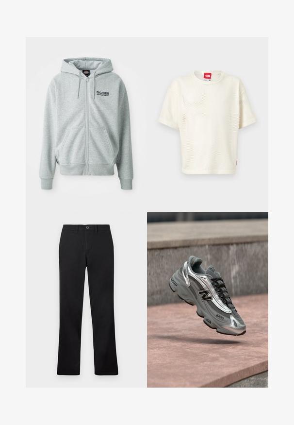 Halli hall, mis on valmistatud pehmest kangast, koos küljepocketiga, reguleeritava kapuutsiga ja "Dickies Workwear Company" logoga rinnal.; Valge lühikeste varrukatega võrgust T-särk ümmarguse kaelusega, kaelusel ja alläärel punase logomärgiga, ühevärvilise taustaga.; Mustad püksid on esitatud valge tausta ees, neil on sirge säärekujund ja nööbiga kinnitamine vööl.; Hall ja hõbedane New Balance toss "1000" logoga, hõljuv roosaka tooniga kivipinnal, taustal hall kivimüür.