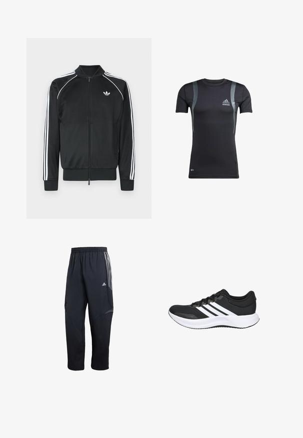 Chaqueta deportiva negra con cremallera, hecha de material sintético suave. Presenta rayas de acento blancas a lo largo de las mangas y un pequeño logotipo en el pecho.; Camiseta deportiva negra de manga corta con detalles en gris, hecha de una tela elástica. Presenta un logo de Adidas en el lado izquierdo del pecho y la marca Techfit.; Pantalones deportivos negros con cintura elástica, que presentan rayas laterales grises, un panel texturizado y un diseño de pierna entallada.; Zapatilla deportiva baja en blanco y negro con parte superior de malla, tres rayas blancas laterales, cordones negros y suela blanca gruesa y acolchada.