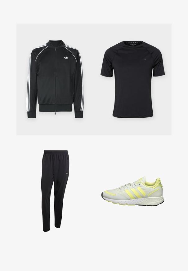 Chaqueta deportiva negra con cremallera, hecha de material sintético suave. Presenta rayas de acento blancas a lo largo de las mangas y un pequeño logotipo en el pecho.; Camiseta deportiva negra de manga corta con cuello redondo y pequeño logo en el pecho izquierdo, mostrada sobre un fondo liso y claro.; Pantalones deportivos negros hechos de material ligero, con una cintura elástica y un pequeño logo en relieve en la parte superior del muslo izquierdo.; Zapatilla deportiva blanca con acentos en amarillo, que cuenta con una parte superior suave, suela texturizada y tres rayas en el lateral para la marca.
