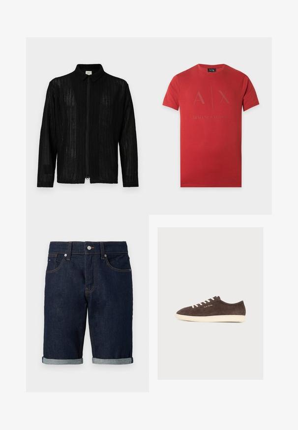 Veste noire zippée avec une texture côtelée et un col. Présente une coupe droite et des manches longues. Matériau léger et respirant.; T-shirt rouge à manches courtes Armani Exchange avec "A | X Armani Exchange" imprimé sur le devant.; Shorts en denim bleu foncé avec ourlets retroussés, bouton sur le devant, passants pour ceinture et design à cinq poches.; Baskets basses en daim brun foncé avec lacets blancs, semelle crème et « Paul Smith » brodé sur le côté, vues de profil sur un fond uni.