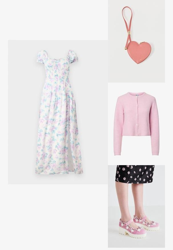 Roze geribbeld vest met ronde hals, lange mouwen en sluiting met vijf knopen. Zachte textuur, cropped ontwerp en subtiele glans.; Florale maxi-jurk met korte pofmouwen, witte stof met lichtpaarse en teal bloemen, gerimpelde taille en een zijsplit.; Roze fluwelen Mary Jane-schoenen met witte platformzolen, versierd met bloemapplicaties en kantdetails rondom de opening en de enkelband.; Roze leren muntportemonnee in hartvorm met polsbandje en gouden rits, gebrandmerkt met kleine gouden tekst "Furla".
