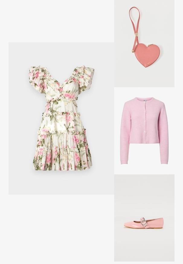 Cárdigan de canalé rosa con cuello redondo, mangas largas y cierre de cinco botones. Textura suave, diseño corto y ligero brillo.; Vestido floral con fondo blanco, adornado con rosas rosas y hojas verdes. Mangas con volantes, escote en V y falda escalonada con detalles de volantes.; Bailarinas de charol rosa con punta cuadrada, detalle de correa con hebilla y suela plana de goma. Textura suave en todo su exterior.; Monedero de cuero rosa en forma de corazón con correa para la muñeca y cremallera dorada, con la marca "Furla" en pequeño texto dorado.