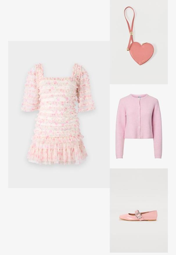 Rosa gerippter Cardigan mit rundem Ausschnitt, langen Ärmeln und Fünf-Knopf-Verschluss. Weiche Textur, kurzes Design und dezenter Glanz.; Rüschendes Kleid mit quadratischem Ausschnitt und Puffärmeln, aus durchsichtiger Stoff mit rosa Blumenmustern und geschichteten Rüsche am Saum.; Rosa Lackleder Ballettflats mit quadratischer Zehenpartie, Schnallenriemendetails und einer flachen Gummisohle. Glatte Textur über die gesamte Fläche.; Pinkes herzförmiges Leder-Münzetui mit Handgelenkriemen und goldenem Reißverschluss, mit kleinem goldfarbenem "Furla"-Schriftzug.