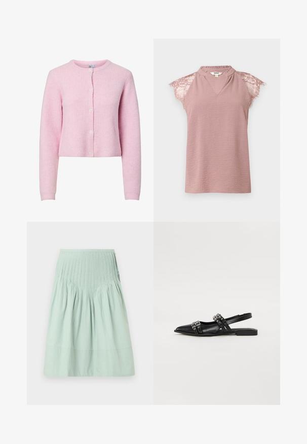 Rosa ribbet cardigan med rund halsudskæring, lange ærmer og fem-knaps lukning. Blød tekstur, cropped design og subtil glans.; Lyserød ærmeløs bluse med blondekappeærmer, tekstureret stof og lille V-udskæring, mærket ONLY inde ved kraven.; Lysegrøn bomuldsskjørt med en samlet design og plisseret taljebånd. Kant er lige, med en glat tekstur og uden synlige mønstre.; Even&Odd by Zalando Slingback-ballerinasko - black