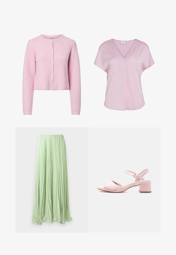 Cárdigan de canalé rosa con cuello redondo, mangas largas y cierre de cinco botones. Textura suave, diseño corto y ligero brillo.; Blusa rosa claro de manga corta con escote en V y corte suelto, hecha de tela suave, con un pequeño detalle de pliegue en la parte delantera.; Falda larga plisada verde claro con tela fluida y cinturilla elástica, exhibida contra un fondo blanco.; Sandalia abierta de color rosa claro con tira ajustable en el tobillo, tacón bajo cuadrado y una amplia tira frontal con cierre de Velcro.