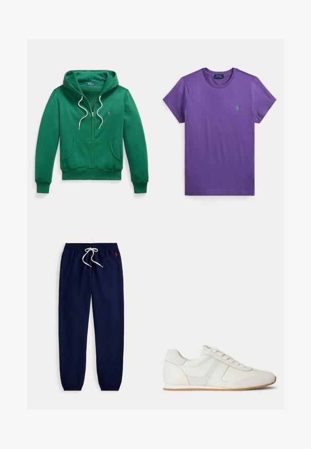 Πράσινο hoodie με φερμουάρ, λευκά κορδόνια, μπροστινές τσέπες και μικρό κεντημένο λογότυπο στην πλευρά του στήθους.; Μωβ κοντομάνικη μπλούζα με στρογγυλή λαιμόκοψη και πράσινο κεντητό λογότυπο Polo Ralph Lauren στο αριστερό στήθος.; Μπλε σκούρο φόρμα με ελαστική μέση και μανσέτες, άσπρο κορδόνι και μικρό κόκκινο λογότυπο στην επάνω αριστερή πλευρά.; Λευκό sneaker χαμηλού τύπου με κορδόνια μπροστά, πάνελ από σουέτ και δέρμα, και ελαφρώς καφέ λαστιχένια σόλα σε λευκό φόντο.