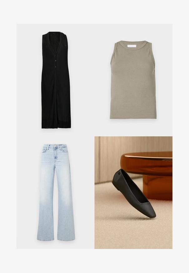 Sort ærmeløs kjole med V-hals, lodret ribbet struktur, knaplukning og slidser i siden for bevægelse.; Ribbet tanktop i olivengrøn med rund halsudskæring og ærmeløs design. Fremstillet af blødt, elastisk materiale med en tætsiddende pasform.; Lyseblå jeans med vide ben lavet af denim. Høj talje med knaplukning og fem lommer. Vasket ud med en glat tekstur.; Sort spids flad sko, der hviler på en beige tæppe nær et rundt ravfarvet bord i en minimalistisk rumindretning.