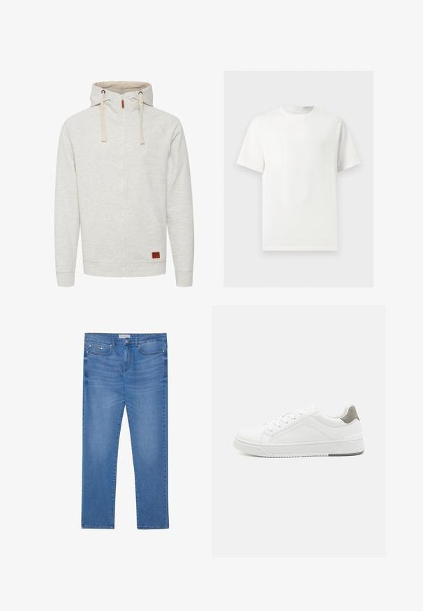 Lichtgrijze zip-up hoodie met een gestructureerde afwerking, twee voorzakken en een capuchon met trekkoord. Heeft een leren accentpatch aan de voorkant.; Effen wit T-shirt met korte mouwen en ronde hals, weergegeven op een lichtgrijze achtergrond.; Lichtblauwe spijkerbroek met een rechte pijp, vijf zakken, subtiele vervaging en metalen accenten op de taille en zakken.; Witte sneaker van glad leer met een ronde neus, minimalistisch ontwerp, grijze hielaccent en een geplaatste rubberen zool.