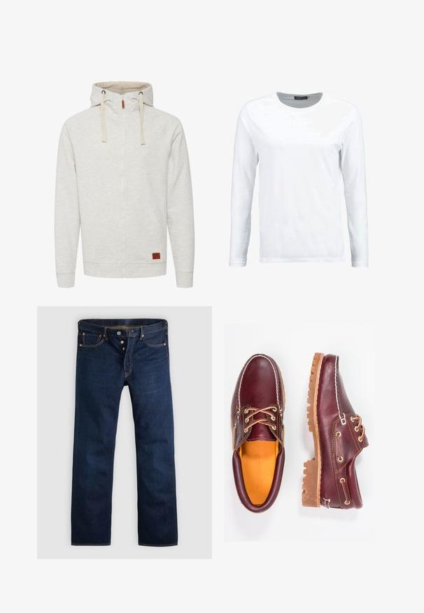 Lichtgrijze zip-up hoodie met een gestructureerde afwerking, twee voorzakken en een capuchon met trekkoord. Heeft een leren accentpatch aan de voorkant.; Witte langemouwen T-shirt gemaakt van katoen, met een ronde hals en een gladde textuur. Geen patronen of accenten. Eenvoudig ontwerp.; Donkere blauwe denim jeans met een rechte pijp, vijf zakken en gouden stiksels. Voorzien van een knoopsluiting en koperen klinknagels. Gladde textuur.; Bordeaux leren schoenen met bruine rubberen zolen, ronde neus, witte stiksels en gouden veterogen. Het interieur heeft een gele voering.