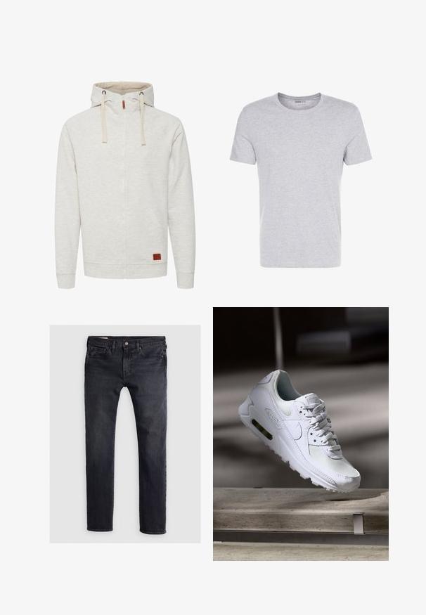 Lichtgrijze zip-up hoodie met een gestructureerde afwerking, twee voorzakken en een capuchon met trekkoord. Heeft een leren accentpatch aan de voorkant.; Grijze katoenen t-shirt met een ronde hals, korte mouwen en een eenvoudige uitstraling, met een zachte, gladde textuur en zonder zichtbare patronen of versieringen.; Donkerblauwe denim jeans met een recht model, voorzien van een knoopsluiting aan de voorzijde, een vijf-pocket ontwerp en subtiele vervaagde gebieden.; Witte Nike Air Max 90 sneaker met een bovenwerk van mesh en leer, een geperforeerde teenbox en een zichtbare luchtunit in de hiel.