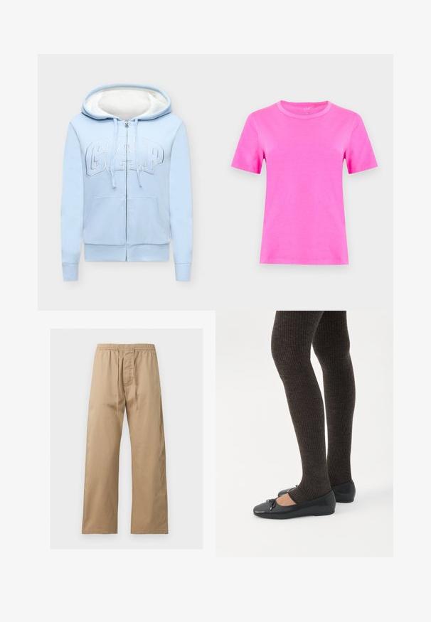 Sweat à capuche bleu clair zippé avec doublure polaire blanche, poches à l'avant et grand logo "GAP" sur la poitrine.; T-shirt rose vif à manches courtes et col rond, présenté de face sur un fond gris clair uni.; Pantalon marron clair à coupe ample avec taille élastique et cordon à l’avant, en tissu léger, présenté sur un fond uni.; Jambes portant des leggings côtelés foncés associés à des ballerines noires avec de petits détails en nœud sur fond blanc.