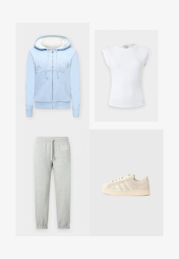 Sweat à capuche bleu clair zippé avec doublure polaire blanche, poches à l'avant et grand logo "GAP" sur la poitrine.; Haut blanc sans manches côtelé avec épaules rembourrées et col rond, taille petite, étiquette de marque Topshop à l'intérieur du col.; Pantalon de survêtement gris clair avec taille élastique, cordon, poignets élastiques et logo blanc "GAP" sur la partie supérieure de la cuisse gauche.; Baskets en daim beige avec embout en caoutchouc crème, trois bandes blanches sur le côté et lacets ton sur ton. Elles présentent une semelle texturée et un col rembourré.
