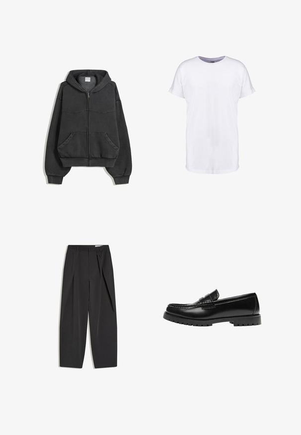 Schwarze Reißverschluss-Hoodie aus weichem Stoff, mit gefütterter Kapuze, Fronttaschen und elastischen Bündchen und Saum. Einfaches Design mit minimalen Nähten.; Weißes Baumwoll-T-Shirt mit kurzen Ärmeln, Rundhalsausschnitt und lockerer Passform. Glatte Textur und keine sichtbaren Muster oder Designs.; Schwarze, maßgeschneiderte, hoch taillierte Hose mit Bügelfalten, Gürtelschlaufen und geradem Bein, flach auf weißem Hintergrund dargestellt.; Schwarzer Leder-Slipper mit dicker Gummisohle und klassischem Penny-Detail an der Riemen, von der Außenseite gezeigt.