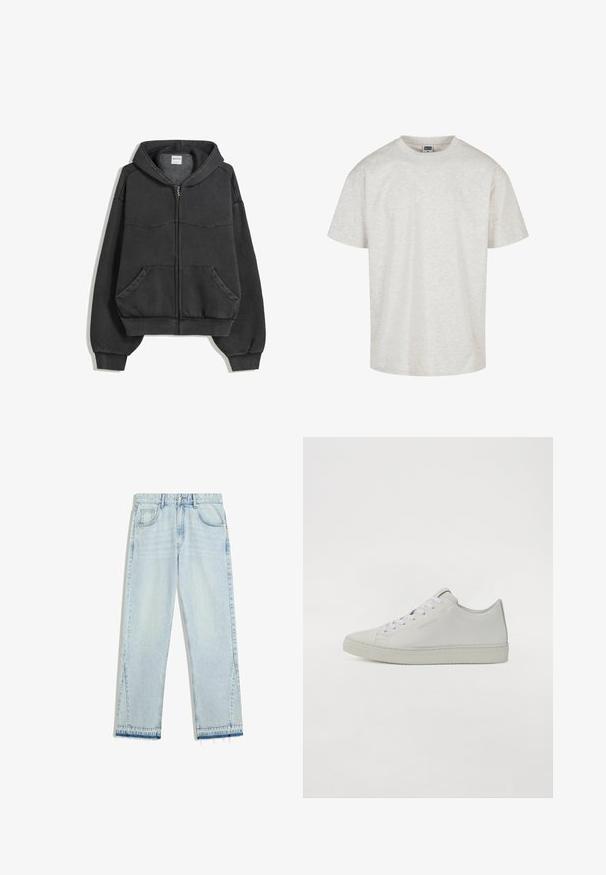 Sort zip-up hoodie lavet af blødt stof, med foret hætte, forlommer og elastiske manchetter og kant. Simpelt design med minimal syning.; Lys grå bomulds T-shirt med kortærmer, rund halsudskæring og afslappet pasform. Tekstureret stof med et subtilt meleret mønster.; Lysblå straight-leg jeans med forlommer, bælteløkker, knaplukning, let flænset kant og små sideslids ved anklerne.; Hvide lædersneakers med lavt design, der har runde snørebånd, minimal syning og en struktureret gummisål.