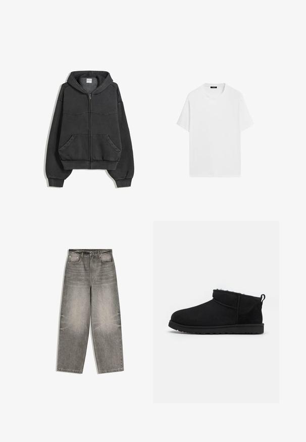Schwarze Reißverschluss-Hoodie aus weichem Stoff, mit gefütterter Kapuze, Fronttaschen und elastischen Bündchen und Saum. Einfaches Design mit minimalen Nähten.; Weißes Baumwoll-T-Shirt mit kurzen Ärmeln, rundem Halsausschnitt und lockerer Passform. Glatte Textur und minimalistisches Design, ohne Muster oder Akzente.; Grau melierte Jeans mit weitem Bein, Frontknopf, Reißverschluss, Gürtelschlaufen und Fünf-Taschen-Design, flach auf weißem Hintergrund ausgelegt.; Schwarze Wildleder-Stiefeletten mit einem weichen, strukturierten Innenfutter, einer flachen Gummisohle und einer Zugschlaufe auf der Rückseite für ein einfaches Anziehen.