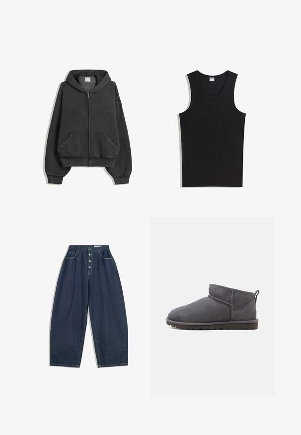 Schwarze Reißverschluss-Hoodie aus weichem Stoff, mit gefütterter Kapuze, Fronttaschen und elastischen Bündchen und Saum. Einfaches Design mit minimalen Nähten.; Schwarzes Baumwoll-Top mit Rundhalsausschnitt und ärmellosem Design. Glatte Textur ohne sichtbare Muster oder Akzente.; Dunkelblaue Denim-Hose mit weiter Beinform und hoher Taille, fünfknöpfigem Verschluss und fünf Taschen. Mit Steppnähten an den Nähten.; Niedriger Winterstiefel aus grauem Wildleder mit Fleecefutter und schwarzer Gummisohle, seitlich auf weißem Hintergrund gezeigt.