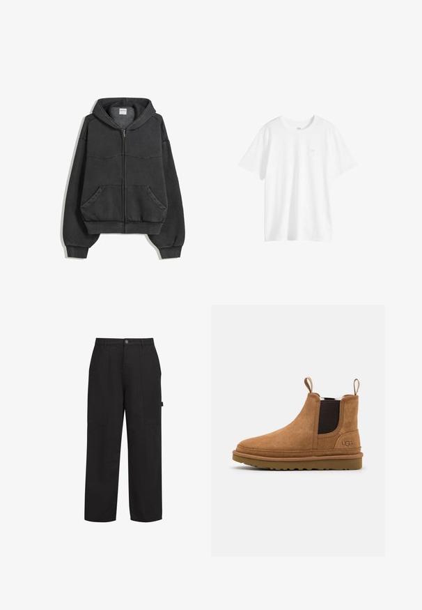 Sort zip-up hoodie lavet af blødt stof, med foret hætte, forlommer og elastiske manchetter og kant. Simpelt design med minimal syning.; Hvid, kortærmet T-shirt med rund hals og lille logo på venstre side af brystet, vist på en hvid baggrund.; Sorte bomuldsbukser med afslappet pasform, der har to frontlommer, en lynlås foran og en synlig knap foran. Glat tekstur, lige ben-design.; Brune ruskindsankelstøvler med elastiske sidedele og løfteløkker, der har en gummisål og et diskret logo på siden.