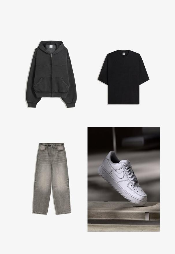 Schwarze Reißverschluss-Hoodie aus weichem Stoff, mit gefütterter Kapuze, Fronttaschen und elastischen Bündchen und Saum. Einfaches Design mit minimalen Nähten.; Schwarzes, übergroßes T-Shirt mit Rundhalsausschnitt und kurzen Ärmeln, flach auf weißem Hintergrund liegend, Bershka-Etikett im Kragen sichtbar.; Grau melierte Jeans mit weitem Bein, Frontknopf, Reißverschluss, Gürtelschlaufen und Fünf-Taschen-Design, flach auf weißem Hintergrund ausgelegt.; Weißer Nike Air Force 1 Sneaker aus Leder mit perforierter Zehenpartie, flachen Schnürsenkeln und strukturierter Gummisohle mit "AIR"-Branding an der Seite.