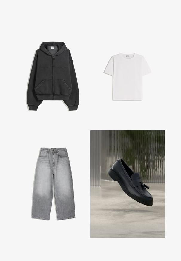 Schwarze Reißverschluss-Hoodie aus weichem Stoff, mit gefütterter Kapuze, Fronttaschen und elastischen Bündchen und Saum. Einfaches Design mit minimalen Nähten.; Weißes Baumwoll-T-Shirt mit Rundhalsausschnitt und kurzen Ärmeln. Klassische, kastige Form ohne sichtbare Muster oder Verzierungen.; Hoch taillierte graue Jeans aus Denim mit weitem Bein, Vordertaschen und Knopfverschluss, flach auf weißem Hintergrund präsentiert.; Schwarze Leder-Loafer mit glatter Textur, gerundeter Zehenpartie und dekorativen Quasten vorne. Flexible Gummisohle mit niedrigem Absatz.
