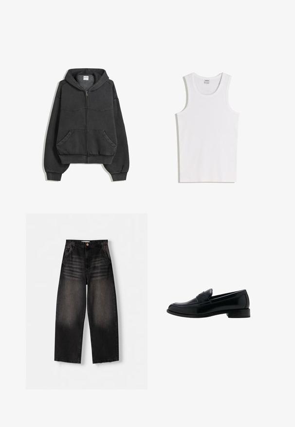 Schwarze Reißverschluss-Hoodie aus weichem Stoff, mit gefütterter Kapuze, Fronttaschen und elastischen Bündchen und Saum. Einfaches Design mit minimalen Nähten.; Weißes Baumwoll-Tanktop mit rundem Ausschnitt und breiten Trägern. Glatte Textur, keine Muster oder Akzente, schlichtes Design.; Schwarze Denim-Weite-Leg-Jeans mit einem ausgewaschenen Design, ausgestattet mit fünf Taschen, einem Knopfverschluss und dezenten Waschungen auf der Vorderseite.; Schwarzer Lederloafer mit niedrigem Absatz, rundem Zehenbereich und einem klassischen Penny-Riemen auf dem Spann.