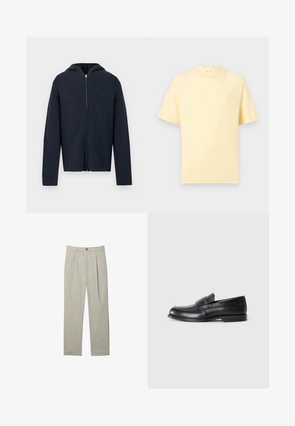 Sweat à capuche zippé marine en tissu doux, avec une fermeture éclair à l'avant, des manches longues et une capuche. Logo discret sur la poitrine. Texture lisse.; T-shirt jaune pâle à manches courtes et col rond avec une coupe décontractée sur un fond clair uni.; Pantalon beige clair sur mesure avec plis à l'avant, poches latérales, passants de ceinture et fermeture par bouton sur fond blanc.; Mocassins en cuir noir avec un bout rond, des détails cousus et une semelle en caoutchouc plate. Présentent une large bande sur le cou-de-pied.