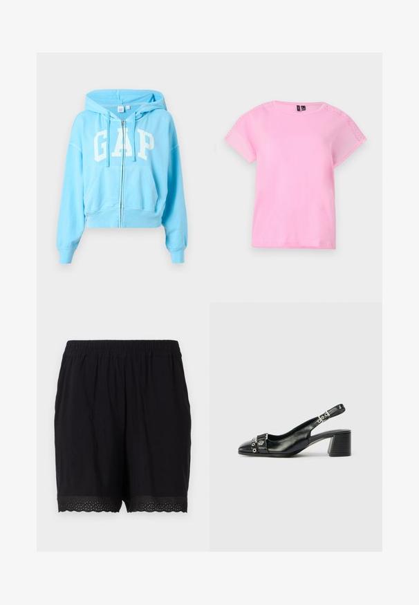Sweat à capuche zippé bleu clair avec poches avant, capuche à cordon de serrage et grand logo "GAP" blanc sur la poitrine.; T-shirt rose clair à manches courtes avec des détails en dentelle sur les épaules, col rond et coupe décontractée. Réalisé en tissu doux et léger.; Shorts noirs en coton avec une taille élastique et un ourlet festonné, comportant des détails perforés sur les bords. Tissu doux et léger.; Sandale à talon en cuir noir avec un bout pointu, une sangle texturée ornée d'accents métalliques circulaires et un talon empilé.