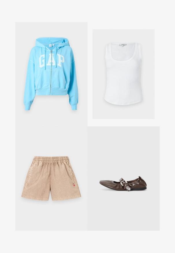 Sweat à capuche zippé bleu clair avec poches avant, capuche à cordon de serrage et grand logo "GAP" blanc sur la poitrine.; Débardeur blanc côtelé sans manches avec encolure dégagée et étiquette Topshop à l'arrière du col intérieur, présenté sur un fond uni.; Shorts décontractés beige avec taille élastique, poches latérales et un petit logo rouge sur la poche droite sur fond blanc.; Chaussure plate en cuir verni marron avec un bout pointu, un détail de nœud élastiqué et une accent en boucle en argent sur le côté. Semelle en caoutchouc noir.