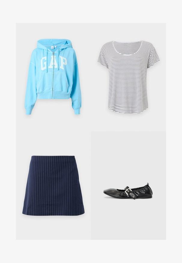 Sweat à capuche zippé bleu clair avec poches avant, capuche à cordon de serrage et grand logo "GAP" blanc sur la poitrine.; T-shirt blanc à manches courtes avec de fines rayures horizontales noires et un col arrondi, présenté sur un fond blanc uni.; Jupe bleu marine avec de fines rayures verticales blanches et une coupe droite au-dessus du genou, présentée sur un fond blanc uni.; Chaussure plate en cuir noir avec un nez pointu, des détails froncés autour de l'ouverture et un accent en boucle argentée sur la bride ajustable.
