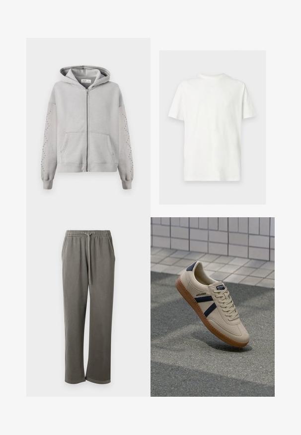 Grå hætte sweatshirt med fuld lynlås, med nitter langs ærmerne og kenguruposer. Blødt bomuldsstof.; Hvid kortærmet T-shirt med rund hals og afslappet pasform på ensfarvet lys baggrund.; Grå bomulds-sweatpants med elastisk talje og snor, med sidelommer og en afslappet pasform hele vejen ned ad benene.; Beige sneaker med struktureret overflade, marineblå striber og gummisål. Har en polstret tunge og traditionelt snørresystem for en sikker pasform.