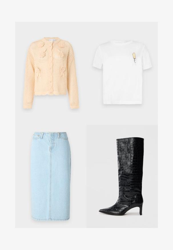 Cardigan beige en maille avec une texture ajourée, appliqués floraux, ourlet festonné et boutons centraux. Design léger et court.; T-shirt blanc en coton à manches courtes, présentant un graphique minimaliste de popsicle jaune brodé sur la partie gauche de la poitrine.; Jupe crayon en denim bleu clair avec taille haute, design à cinq poches et détails de couture subtils le long des coutures.; Bottes noires montantes, avec une texture brillante à motif crocodile, bout pointu et talon effilé. Matériau synthétique lisse.