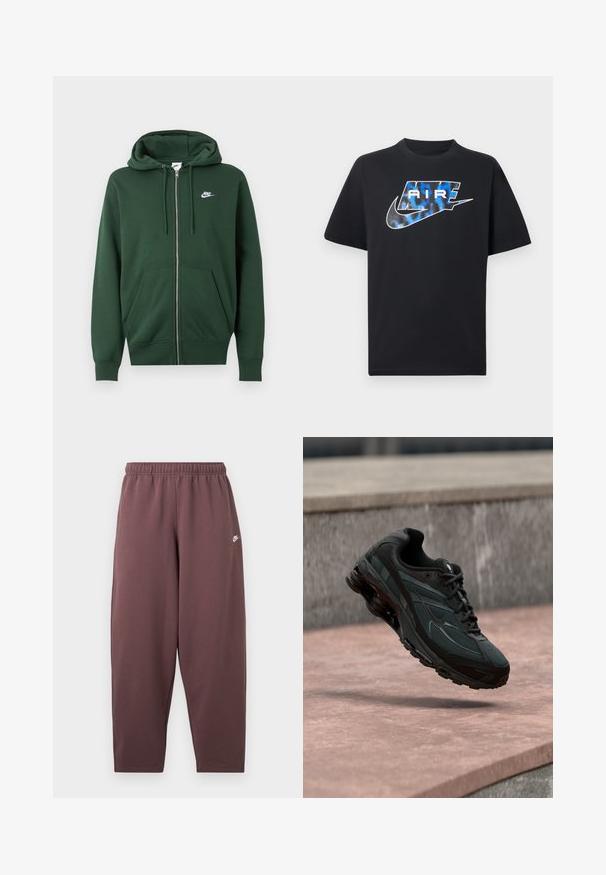 Σκούφο πράσινο φούτερ Nike με φερμουάρ, μπροστινές τσέπες, κουκούλα με κορδόνι και λευκό λογότυπο Nike στο αριστερό στήθος.; Μαύρο κοντομάνικο μπλουζάκι με μπλε και λευκό στιλιζαρισμένο κείμενο "AIR" και το λογότυπο Nike Swoosh στο στήθος.; Χαλαρής εφαρμογής σκούρο μωβ φόρμες με ελαστική μέση και μικρό λευκό λογότυπο Nike στο επάνω μέρος του μηρού.; Μαύρο αθλητικό παπούτσι με ορατή μεσαία σόλα αέρα που αιωρείται πάνω από μια ροζ πέτρινη επιφάνεια με φόντο ένα γκρι πέτρινο τοίχο.