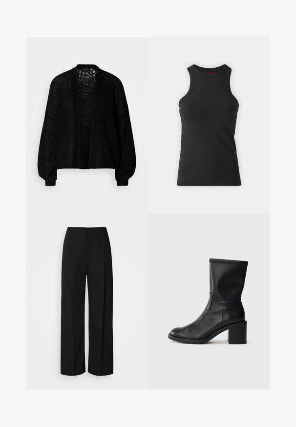 Sort, åben-frem cardigan lavet af strikstof. Har løse ærmer og et tekstureret mønster. Ingen lukning med en afslappet silhuet.; Sort ærmeløs tanktop lavet af strækbart stof. Har en rund hals og en tætsiddende silhuet med minimale syninger.; Sorte højhåndede bukser med vide ben, skjult frontlukning, tilpassede syninger og et glat, struktureret stof.; Sort læder ankelstøvle med rund tå, glat tekstur og en grov hæl, der har et tætsiddende skaft og subtil syning.