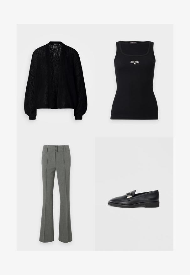 Sort, åben-frem cardigan lavet af strikstof. Har løse ærmer og et tekstureret mønster. Ingen lukning med en afslappet silhuet.; Sort ribbet tanktop med firkantet udskæring, teksten "GUESS JEANS" og stjerne-logo centreret på brystet.; Grå, vidde bukser lavet af tekstureret stof. Har to knapper i taljen og syningsdetaljer foran.; Sorte læder loafers med en sølv rektangulær spænde på toppen og en lav hæl på en hvid baggrund.