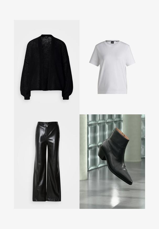 Sort, åben-frem cardigan lavet af strikstof. Har løse ærmer og et tekstureret mønster. Ingen lukning med en afslappet silhuet.; Hvid bomulds t-shirt med rund halsudskæring, korte ærmer og en afslappet pasform. Har et lille mærke nær kraven.; Sorte læder bukser med bred ben, glat tekstur, høj talje og skjult lynlås foran. Skræddersyet pasform med en ren finish.; Sort læderankelstøvle med spids tå og blokhæl, der svæver over en reflekterende grå gulv nær en væg af glasblokke.