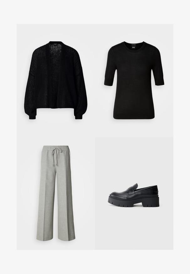 Sort, åben-frem cardigan lavet af strikstof. Har løse ærmer og et tekstureret mønster. Ingen lukning med en afslappet silhuet.; Sort T-shirt med korte ærmer lavet af fin merinould. Rund halsudskæring, slim fit, glat tekstur, minimalt design, ingen synlige mønstre eller accenter.; Lysegrå bukser med brede ben, elastisk taljebånd med snøre, forlommer og et subtilt tekstureret stof.; Sort klodset platform loafers med glat læderoverdel, dekorativ rem og tyk struktureret sål på hvid baggrund.