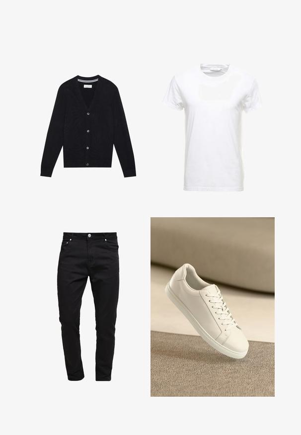 Μαύρο κα cardigan με V λαιμόκοψη, μακριά μανίκια και πέντε κουμπιά. Διαθέτει ριμπ ολοκληρώσεις στα μανίκια και τη μέση, πλεκτή υφή και διακριτική ρίγα στο εσωτερικό του γιακά.; Λευκό βαμβακερό t-shirt με κοντά μανίκια, σχέδιο με στρογγυλή λαιμόκοψη και λεία υφή. Η ετικέτα είναι ορατή στη λαιμόκοψη. Απλός και κλασικός στυλ.; Μαύρο τζιν φτιαγμένο από βαμβακερό ύφασμα, σχεδίαση slim fit, στυλ πέντε τσέπες, κλείσιμο με μεταλλικό κουμπί, με λεπτομέρειες ραφής και λεία υφή.; Λευκά δερμάτινα αθλητικά παπούτσια με λευκά κορδόνια, τοποθετημένα σε μπεζ υφασμάτινη επιφάνεια με ήπιο θολό φόντο.