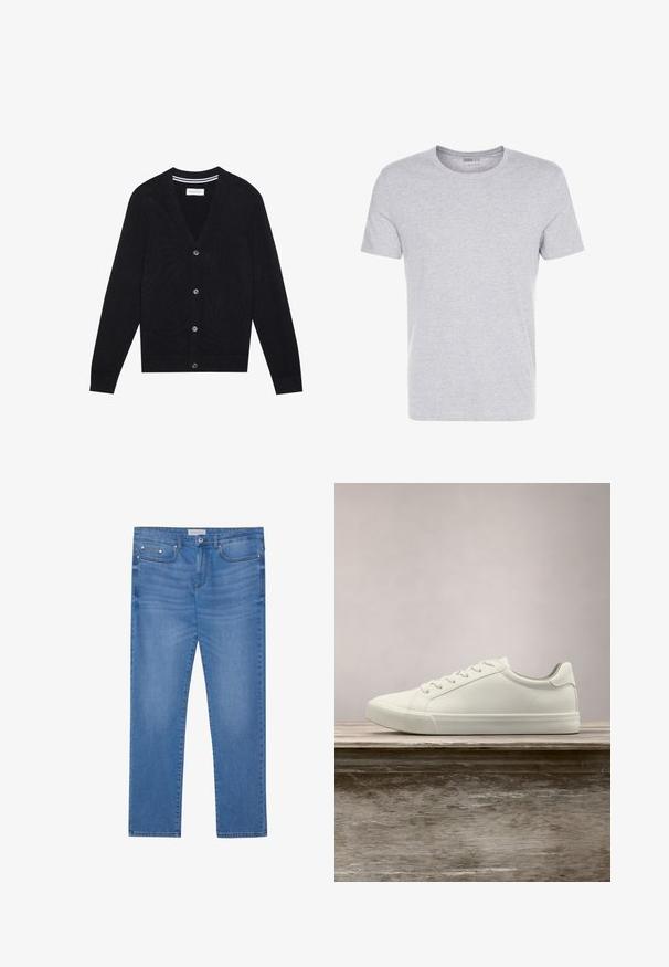 Cardigan noir avec un col en V, des manches longues et cinq boutons de fermeture. Il présente des poignets et une ceinture côtelés, une texture tricotée et un détail de rayures subtil à l'intérieur du col.; T-shirt en coton gris avec un col rond, des manches courtes et un design sobre, offrant une texture douce et lisse sans motifs ni embellissements visibles.; Jeans en denim bleu clair avec une coupe droite, design à cinq poches, décoloration subtile et accents en métal au niveau de la taille et des poches.; Sneaker en dentelle blanche flottant au-dessus d'un banc en bois avec un feuillage vert en arrière-plan, mettant en valeur le design et la texture de la chaussure.
