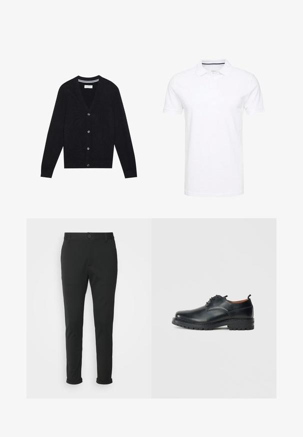 Cardigan noir avec un col en V, des manches longues et cinq boutons de fermeture. Il présente des poignets et une ceinture côtelés, une texture tricotée et un détail de rayures subtil à l'intérieur du col.; Polo shirt blanc en coton, avec un col traditionnel, des manches courtes et une patte de boutonnage à trois boutons, avec des accents navy discrets à l'intérieur.; Pantalons noirs en tissu lisse avec une coupe droite. Présentent une fermeture à bouton unique et des ourlets roulés.; Chaussures derby en cuir noir avec une texture lisse, bout rond, design à lacets et une semelle en caoutchouc épaisse et robuste.