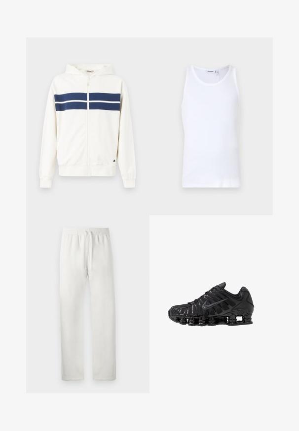 Weiße Zip-up-Hoodie mit navyblauen horizontalen Streifen über der Brust und an den Ärmeln. Verfügt über eine Kapuze und gerippte Bündchen an den Handgelenken.; Weißes Baumwoll-Top mit Rundhalsausschnitt und breiten Trägern. Glatte Textur, keine Muster, schlichte Gestaltung und Markenlabel am Halsausschnitt.; Weiße Jogginghose aus weichem Material, mit elastischem Bund und Kordelzug, geraden Beinen und ohne sichtbare Muster oder Akzente.; Schwarze Sportschuhe aus Mesh- und synthetischen Materialien mit einem markanten wellenförmigen Design, schwarzer Gummisohle und reflektierenden Akzenten.