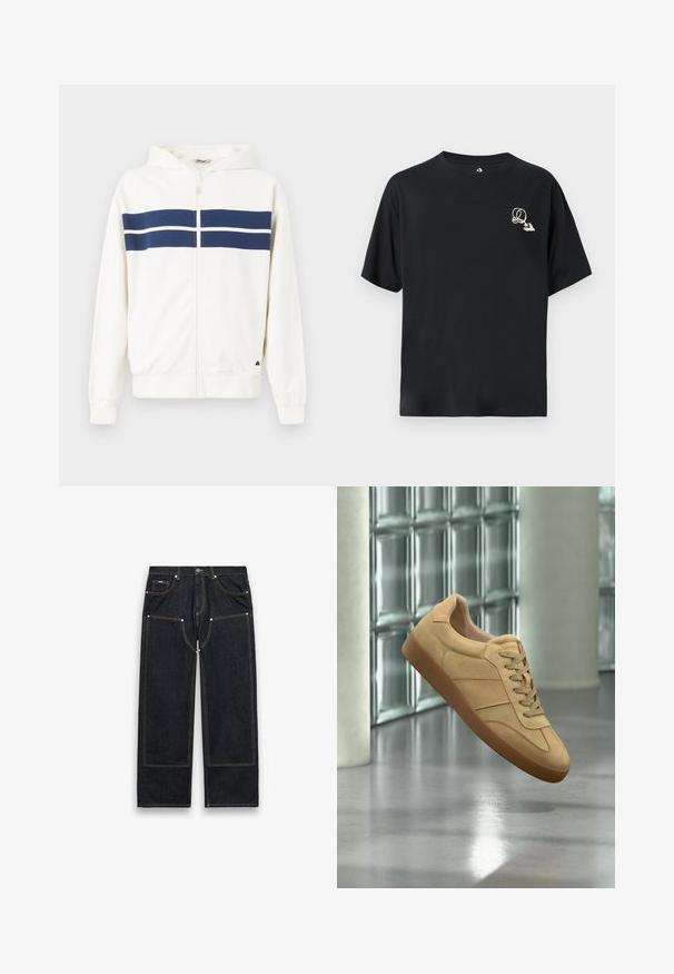 Witte zip-up hoodie met marineblauwe horizontale strepen over de borst en op de mouwen. Beschikt over een capuchon en ribgebreide manchetten bij de polsen.; Zwart katoenen T-shirt met een losse pasvorm, korte mouwen en een klein, contrasterend grafisch logo op de linkerborst. Klassiek rond halsontwerp.; Zwarte denim jeans met rechte pijpen, verstevigde kniepatches, zichtbare gele stiksels, voor- en achterzakken, en een knoopsluiting in de taille.; Beige suède sneaker met rubberen zool, veterdesign, zwevend binnenshuis op gepolijst betonnen vloer nabij een glasblokmuur.