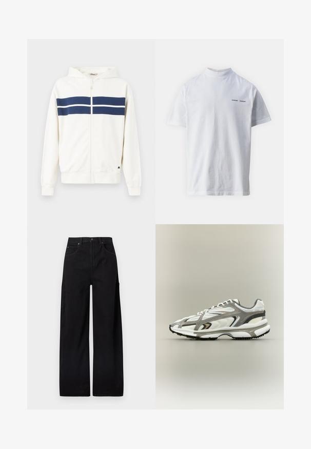 Witte zip-up hoodie met marineblauwe horizontale strepen over de borst en op de mouwen. Beschikt over een capuchon en ribgebreide manchetten bij de polsen.; Witte katoenen t-shirt met een hoge hals en korte mouwen. Voorzien van het 'SAMSØE SAMSØE' logo in het zwart op de voorkant. Glad van textuur.; Zwarte wijde broekspijpen gemaakt van katoenen denim, met een hoge taille, twee voorzakken en een zijzak met klep voor extra functionaliteit.; Sportschoen met een witte mesh bovenkant, grijze accenten, zwarte rubberen zool en een gestroomlijnd ontwerp. Bevat veters en textuurdetails.