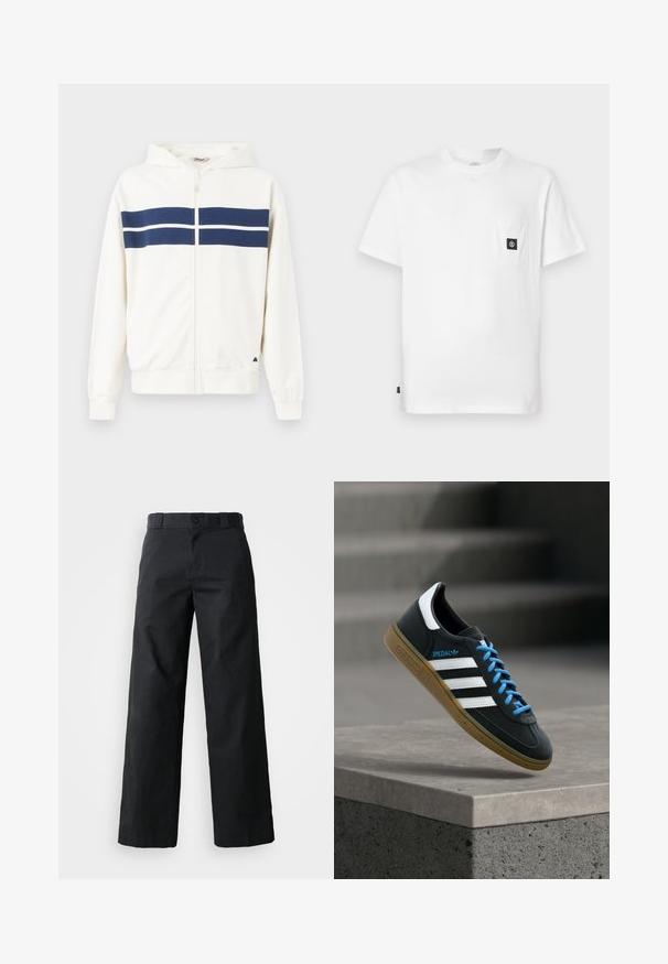 Sudadera blanca con cremallera y rayas horizontales azul marino en el pecho y en las mangas. Tiene capucha y puños acanalados en las muñecas.; Camiseta blanca de algodón con cuello redondo, mangas cortas y un bolsillo en el pecho con un parche de logo negro. Textura suave, ajuste relajado.; Pantalones de pierna ancha negros hechos de algodón. Cuenta con cierre de botón, lazos para cinturón y bolsillos laterales. Textura suave con un corte ajustado.; Zapatilla negra Adidas con franjas blancas, cordones azules y suela de goma flotando sobre un escalón de hormigón gris con luz suave.