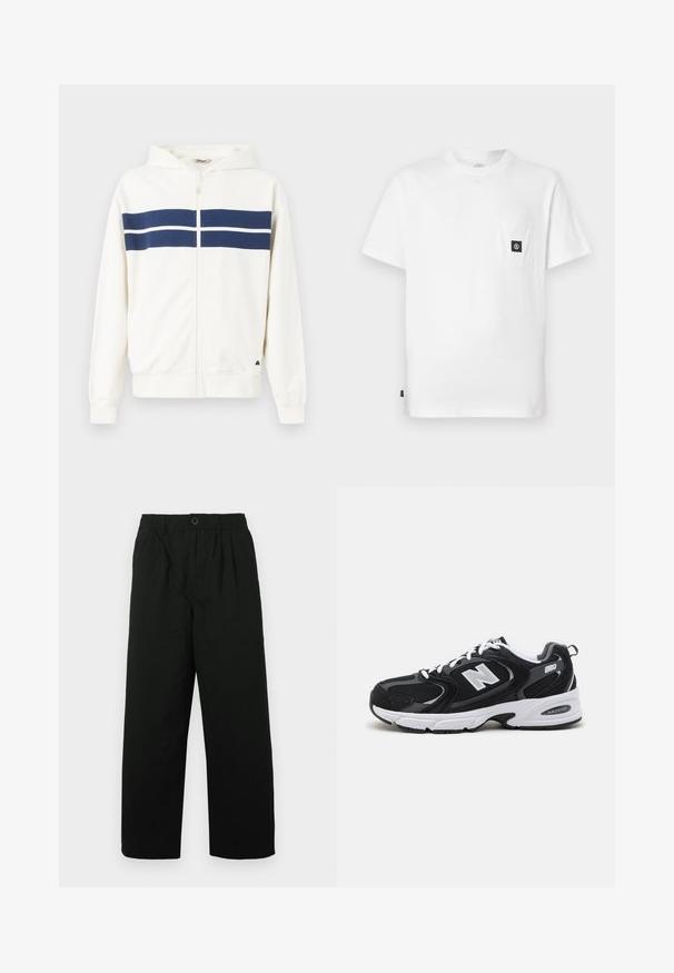 Hvid zip-up hoodie med marineblå vandrette striber over brystet og på ærmerne. Har en hætte og ribbede manchetter ved håndleddene.; Hvid bomulds T-shirt med rund halsudskæring, korte ærmer og en brystlomme med en sort logopatch. Glat tekstur, løs pasform.; Sorte, vide bukser med elastisk liv og knaplukning. Lavet af blødt stof, med subtil tekstur og uden mønstre.; Sorte og grå sportssko med mesh og ruskind på overdelen, der har en hvid mellemsål, snørebånd og et iøjnefaldende "N" logo på siden.