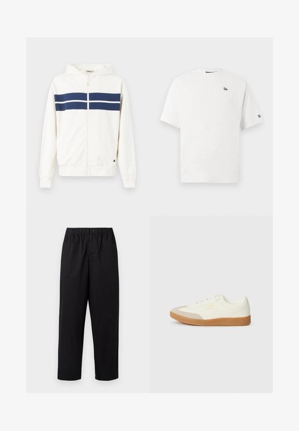 Hvid zip-up hoodie med marineblå vandrette striber over brystet og på ærmerne. Har en hætte og ribbede manchetter ved håndleddene.; Hvid bomulds t-shirt med korte ærmer, rund hals og et lille sort logo på venstre bryst og højre ærme.; Sorte, vide ben bukser med elastisk talje og en enkelt knap. Lavet af et glat, letvægtsstof. Lige kant.; Sneaker lavet af hvid læder med en beige tåhætte og let brunt gummisål. Har flade hvide snørebånd og prægede branding på siden.