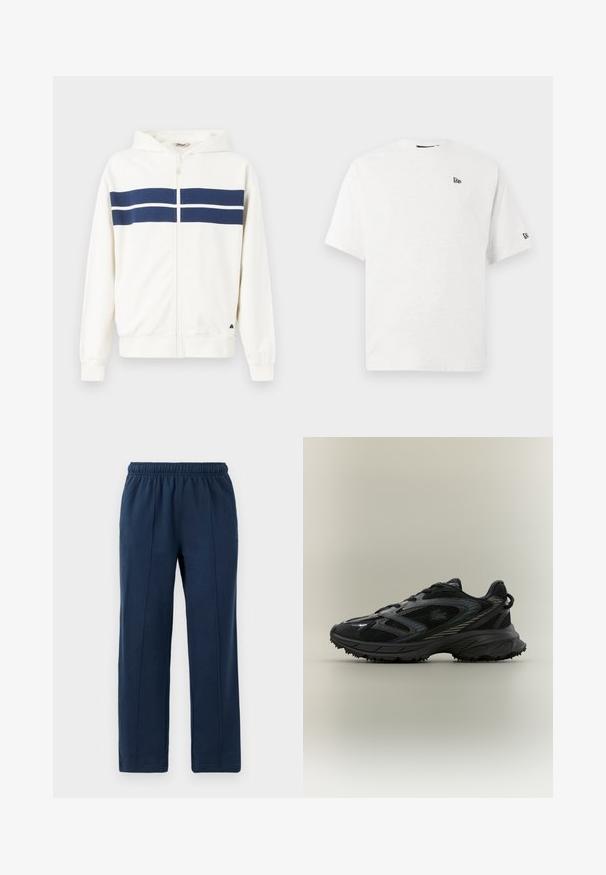 Hvid zip-up hoodie med marineblå vandrette striber over brystet og på ærmerne. Har en hætte og ribbede manchetter ved håndleddene.; Hvid bomulds t-shirt med korte ærmer, rund hals og et lille sort logo på venstre bryst og højre ærme.; Marineblå bukser med elastisk talje og afslappet pasform. Har vertikale syninger og blød bomuldsstruktur.; Sort atletisk sko med meshpaneler, en tekstureret sål, snørebånd og en buet silhuet med sølvfarvede accenter på siderne.