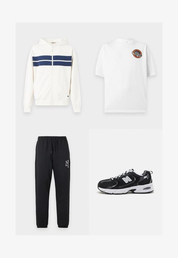 Hvid zip-up hoodie med marineblå vandrette striber over brystet og på ærmerne. Har en hætte og ribbede manchetter ved håndleddene.; Hvid T-shirt med korte ærmer og et lille rundt rumtema-badge med en raket og teksten "High Balance Athletics Since 1908" på brystet.; Sorte joggingbukser med elastisk talje og manchetter, med hvid "New Balance"-logo på øvre venstre lår.; Sorte og grå sportssko med mesh og ruskind på overdelen, der har en hvid mellemsål, snørebånd og et iøjnefaldende "N" logo på siden.