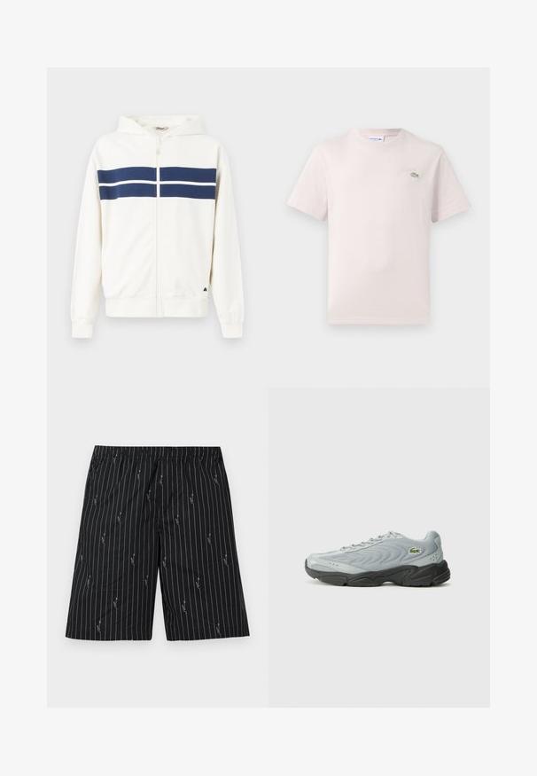 Sudadera blanca con cremallera y rayas horizontales azul marino en el pecho y en las mangas. Tiene capucha y puños acanalados en las muñecas.; Camiseta de algodón rosa claro con cuello redondo, mangas cortas y un logo bordado de Lacoste en verde en el pecho. Textura suave.; Bermudas negras con rayas verticales blancas y patrones abstractos. Cintura elástica, tejido transpirable, diseño hasta la rodilla.; Zapato deportivo gris con parte superior texturizada, suela de goma negra y diseño de cordones. Presenta un pequeño logo verde en el costado.